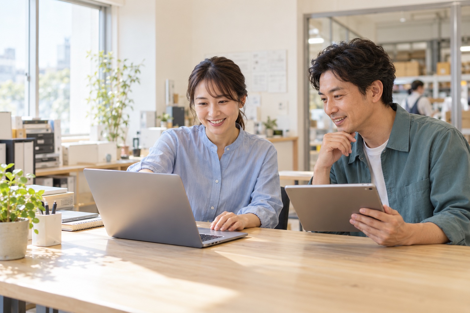 パソコンとタブレットを手に、仕事を確認する二人