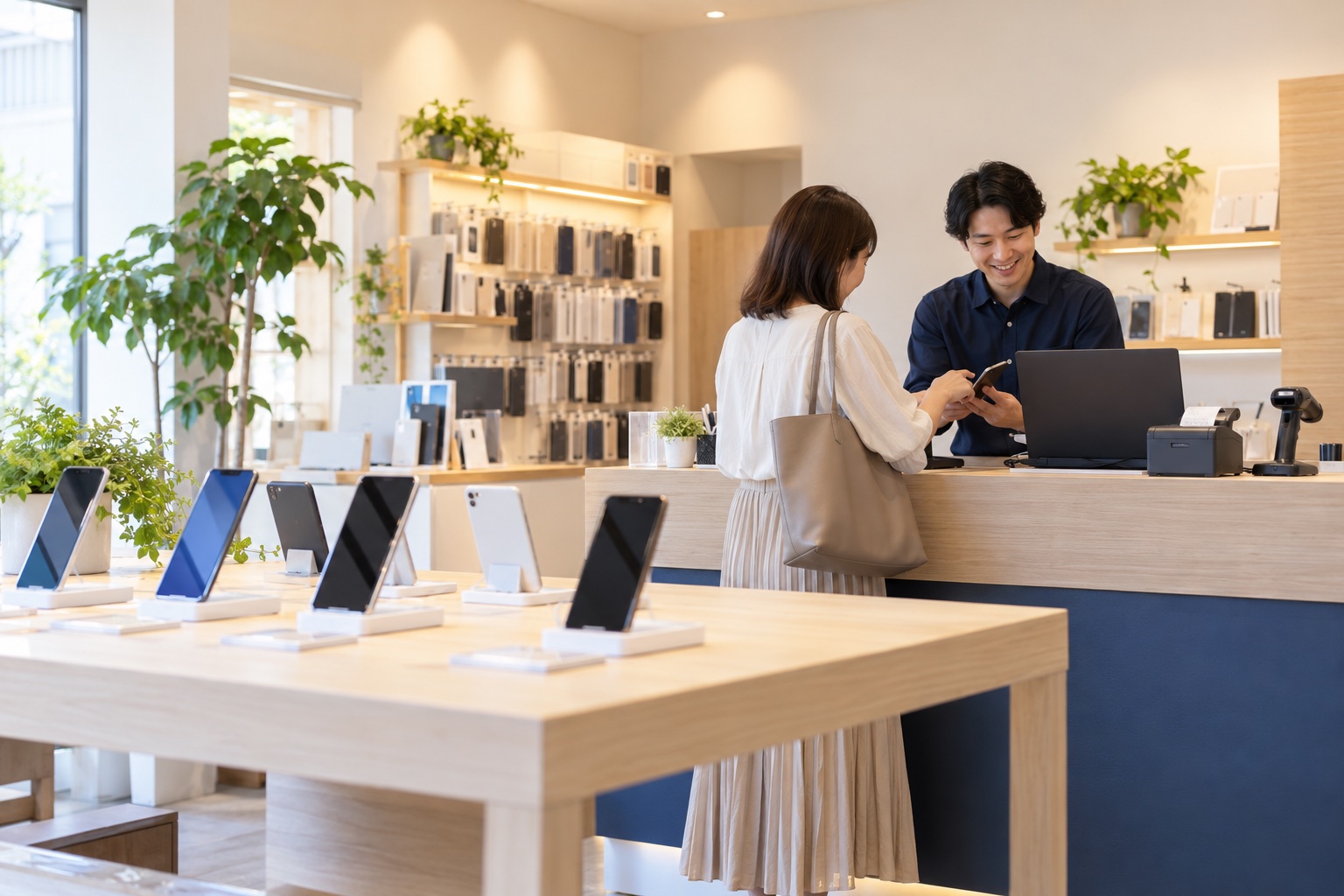 スマートフォンが並ぶ売場と、カウンターで接客する店員